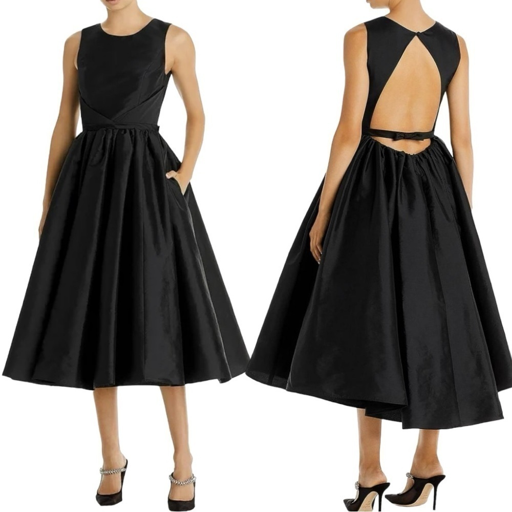 AMSALE Tafetta Boat Neck Sleeveless Fit & Flare Dress Black Formal